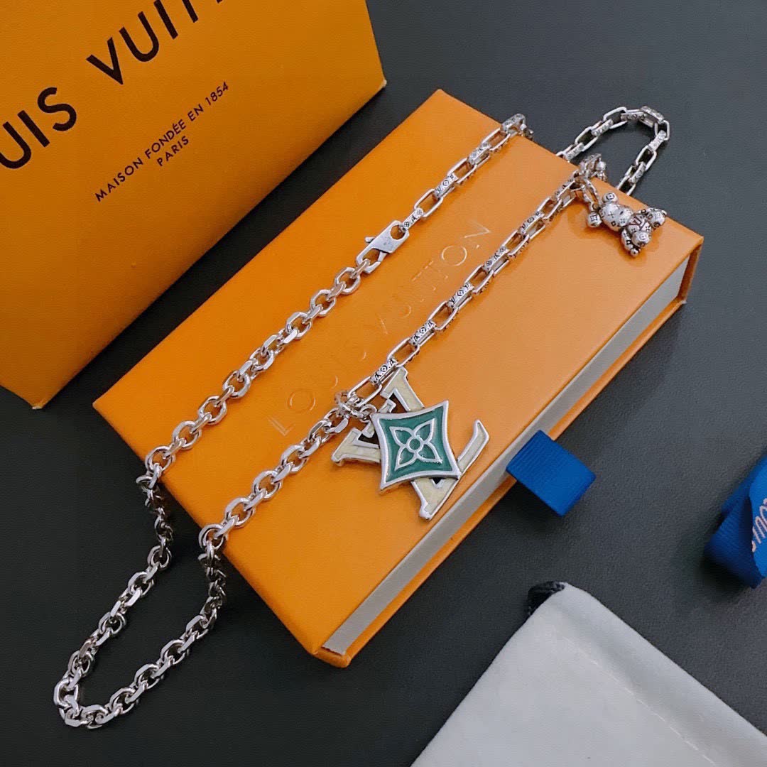 Louis Vuitton Silver Chain Necklace with LV Logo and Bear Charm